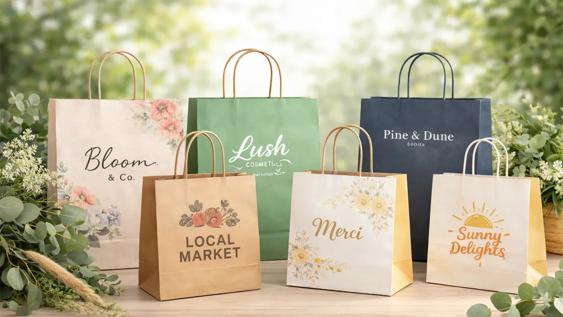 Printed paper bags, branded and customised with logos.